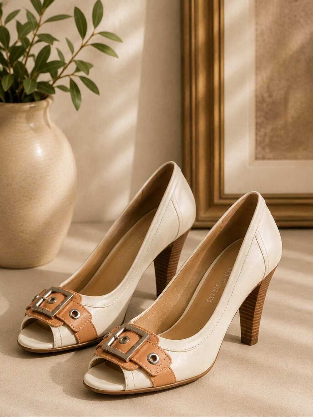 Franco Sarto | Leather Peep Toe Block Heel Pumps w/ Buckle Accent, Size 7 1/2"